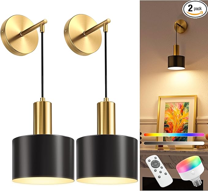 NIORSUN Battery Operated Wall Sconces, Set of 2 (Gold/Black)